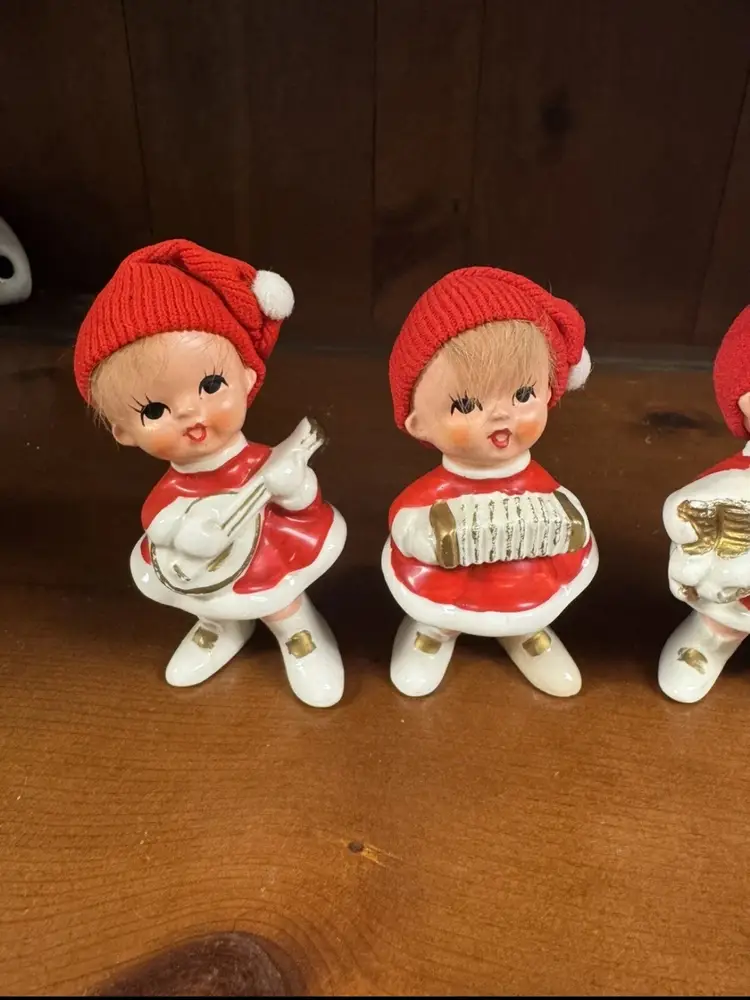 Set of 6 VTG Napco Christmas Girl Elf Hair Fabric Cap Figurine Set