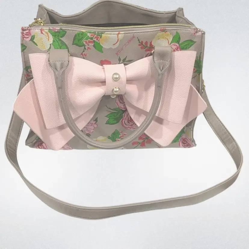 🌸 Betsey Johnson - Floral Satchel- Handbag-cross Body w/ Big Bow & Pearls – 11.5” x 6” x 8.5”- “Vegan” (faux) Leather