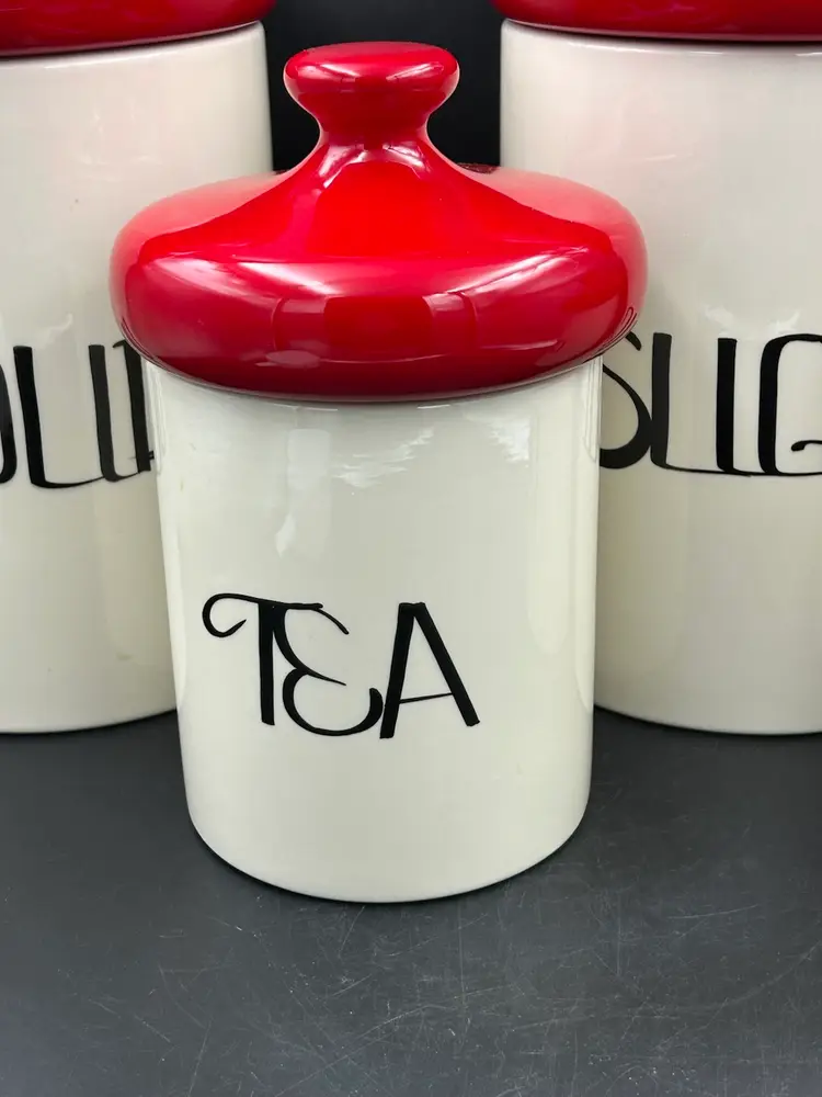 Vintage ceramic kitchen canister set by holiday designs, coffee, tea, flour, sugar