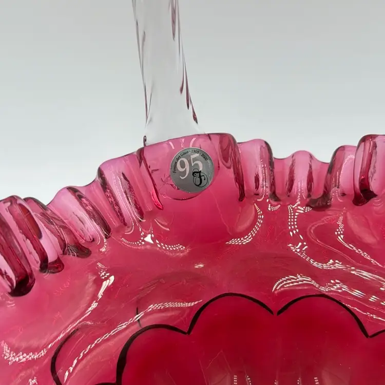 Fenton 95th Anniversary Cranberry Brides Basket: Ruffled Edge, Twisted Glass Handle