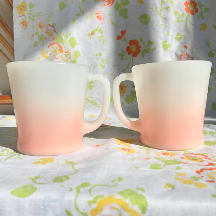 1960s Fire King 2pc Pink Ombre Mugs Milk Glass Anchor Hocking D Handle Vintage