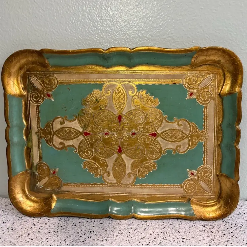 Vintage Italian Florentine Gilt & Aqua Wood Tray – Made in Italy