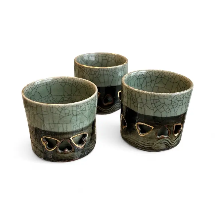 Vintage Somayaki Tea Cups Set of 3 Jade Green Gold Accents