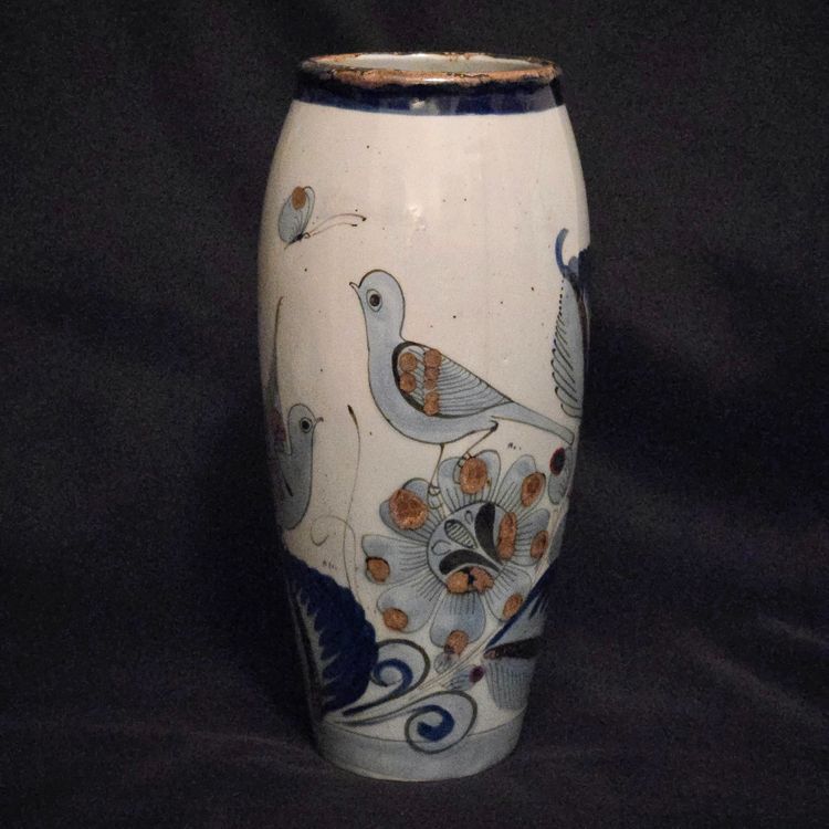 El Palomar Signed Mexico Vase Tonala Pottery Birds Floral Butterflies 11" Tall approximately Vintage