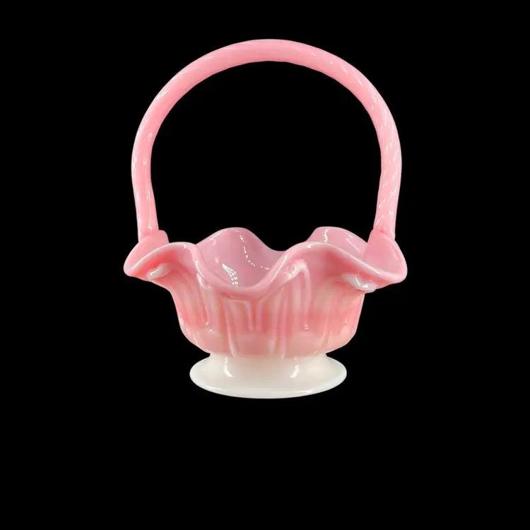 Vintage Fenton Basket Rosalene Pink White Ruffled Art Glass Twist Handle "Lambs Tongue" Pattern Signed Bill Fenton Fenton Mark