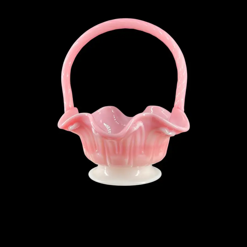 Vintage Fenton Basket Rosalene Pink White Ruffled Art Glass Twist Handle "Lambs Tongue" Pattern Signed Bill Fenton Fenton Mark
