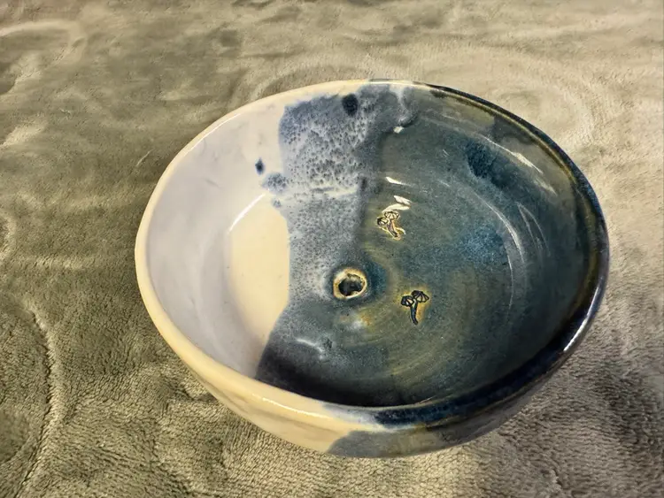 Vintage Art Studio Pottery Blue Cream Bonsai Flower Planter Pot Mushroom Stamped