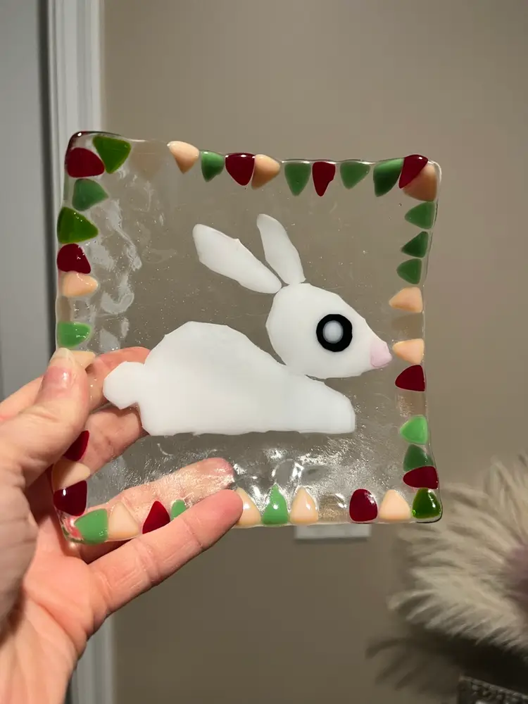 Fused Art Glass Bunny Rabbit Dish Easter Decor