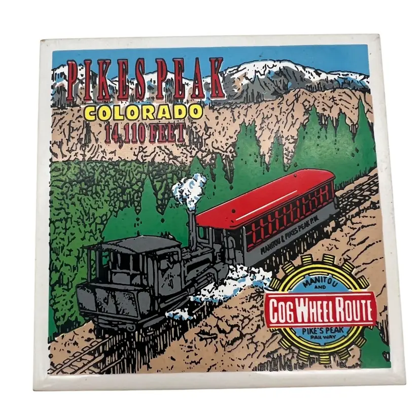 Vintage Pikes Peak Colorado Cog Wheel Route 4.25" Ceramic Wall Tile Souvenir Manitou Railway Train Collectible Decor