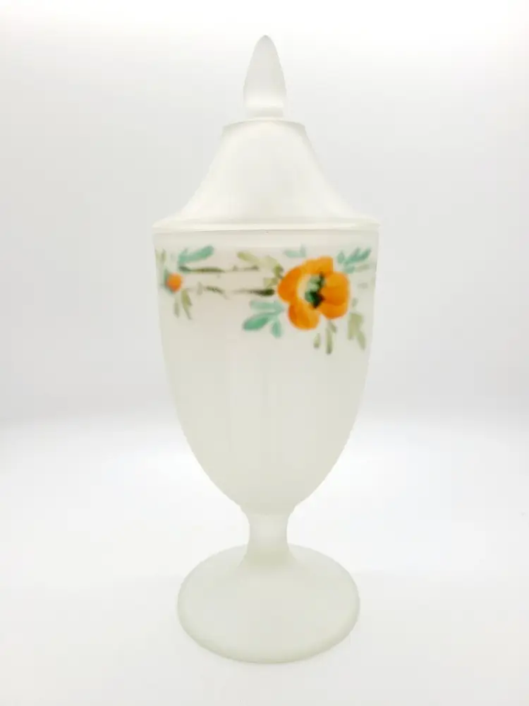 Vintage Frosted Satin Glass Lidded Candy Dish Jar Reverse Painted Floral
