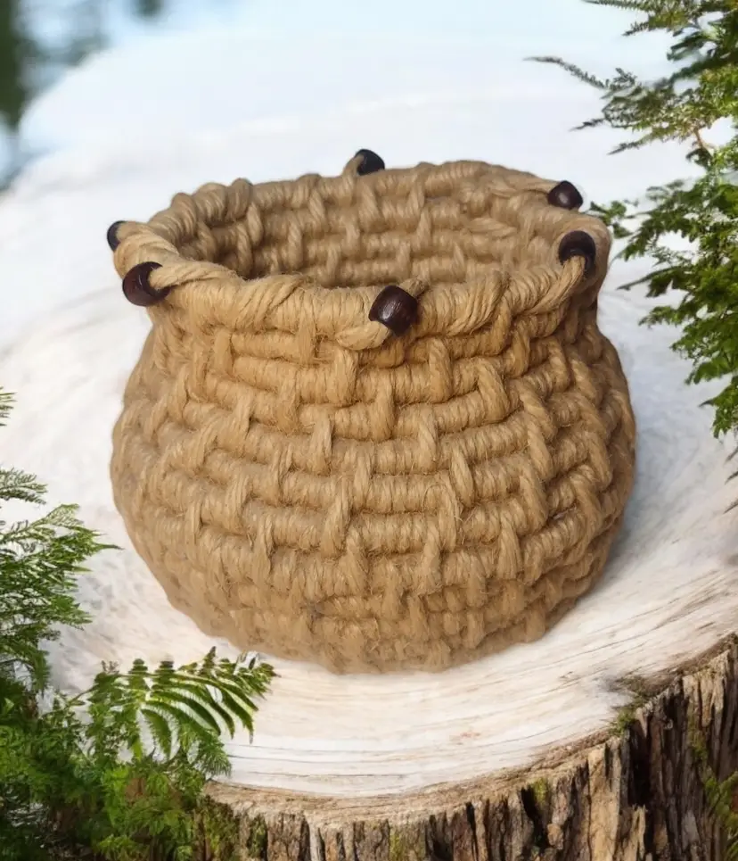 Jute Thick Hand Woven Basket Wood Beaded Beige 6in Boho Decor Ethnic Storage