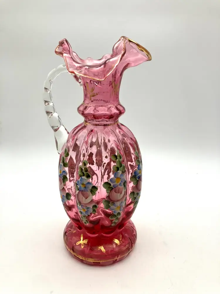 BIN - As Is! Fenton Hand Painted Ruby Overlay Pitcher - AWCO Charleton Roses Design. 8.75”