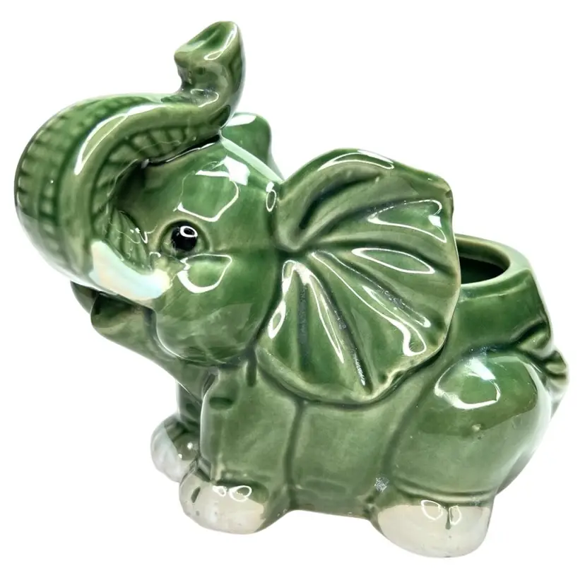 Elephant Planter Vase. Trunk Up for Luck. Glossy Green Ceramic Glaze. 5” x 6” x 4-1/2”.