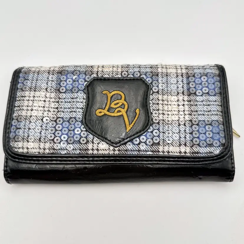 Betseyville by Betsey Johnson Plaid Sequined Wallet Blue Black Faux Leather 8" x 4" B25