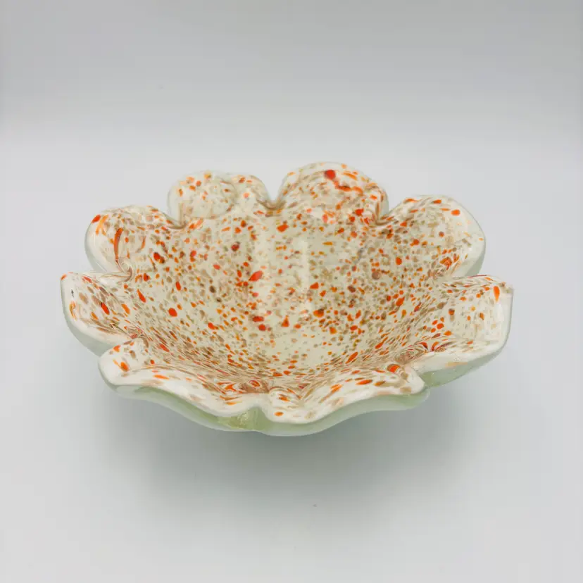 Vintage Murano Art Glass Ruffled Bowl Speckled Orange Gold Aventurine Scalloped Italian Glass Handmade