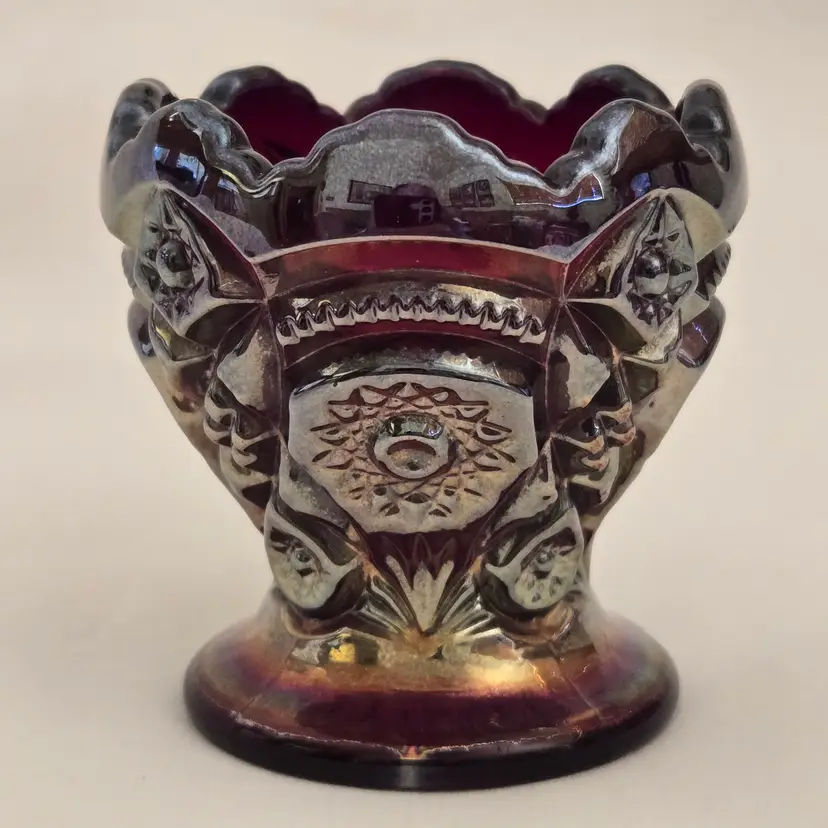 Carnival Imperial Glass Toothpick Holder Iridescent Ruby Red Footed 2½" Tall