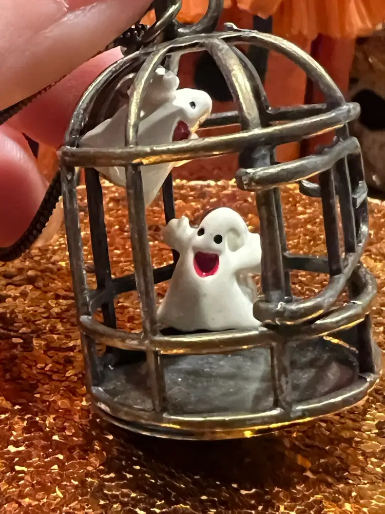 #B7- Clip On Ghost Earrings Caught In A Cage Pendant