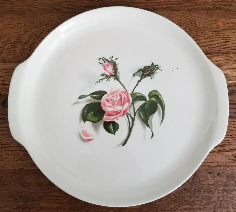 Vintage Universal Pottery Ballerina Pink Rose Handled Cake Plate