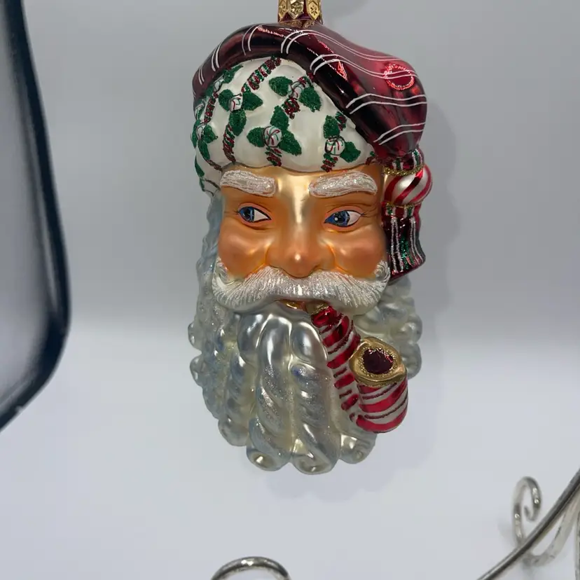 Andrea Mistretta Glass Ornament Santa w/ Pipe Glitter Flocking 6"