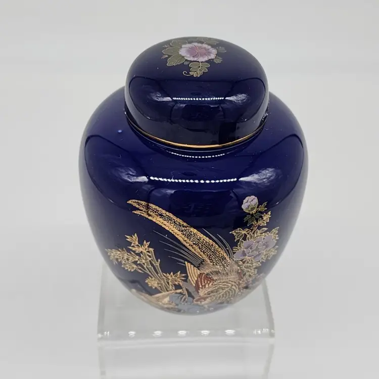 Porcelain Ginger Jar Cobalt Blue With Gold Cloisonne Floral and Bird VTG 5" Tall
