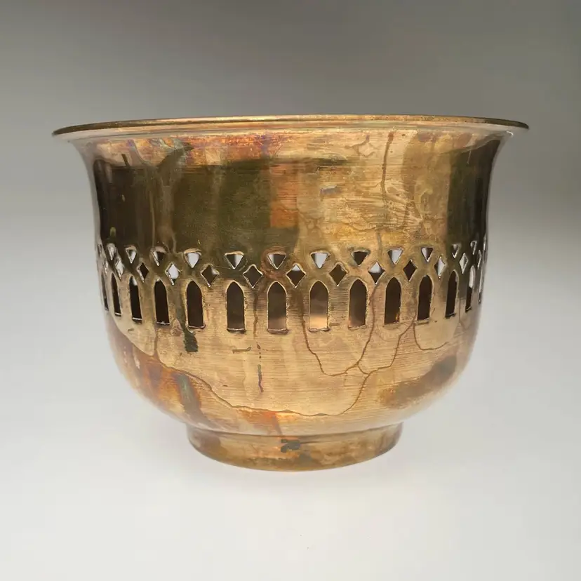 Brass Cache Pot Planter Jardinere Luminary Cut Out Design Vintage India 4x5.75"