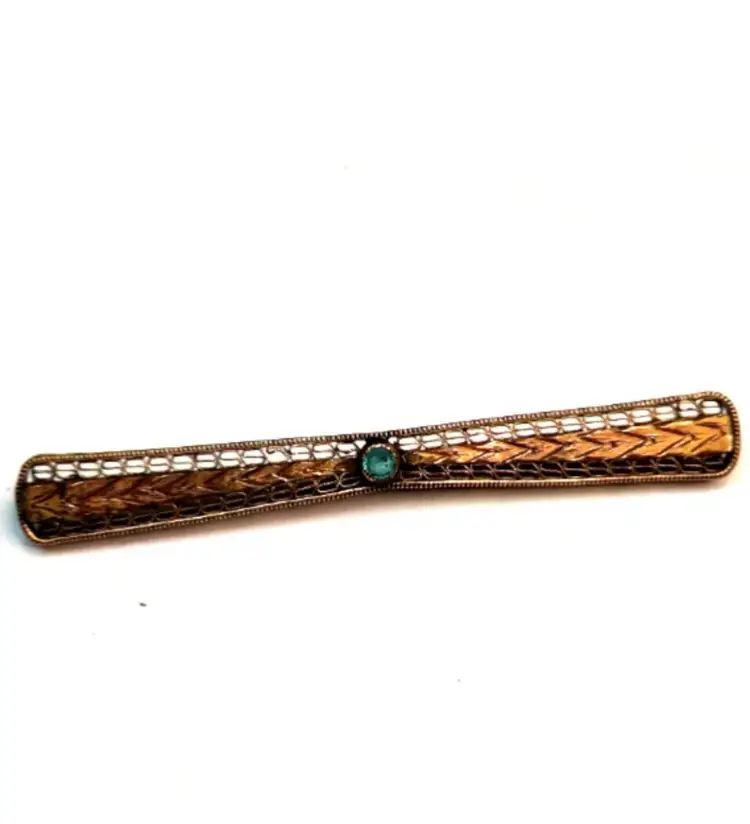 Victorian Turquoise Glass Rhinestones Antique Bar Pin Brooch Gold Tone Brass ?