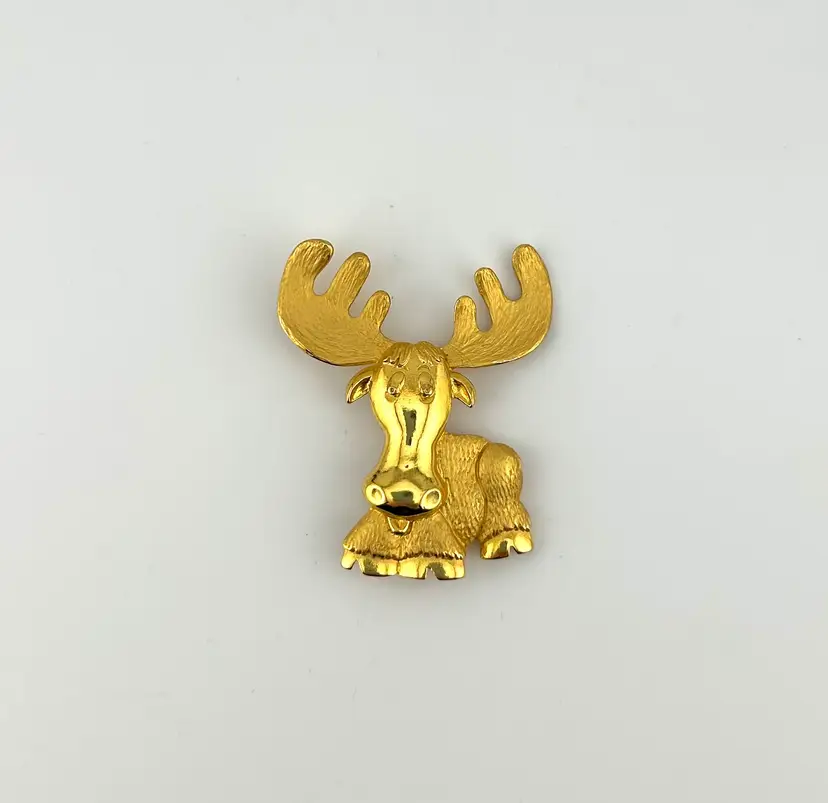 Vintage Signed JJ Gold Tone Moose Brooch 2.25”x 2”