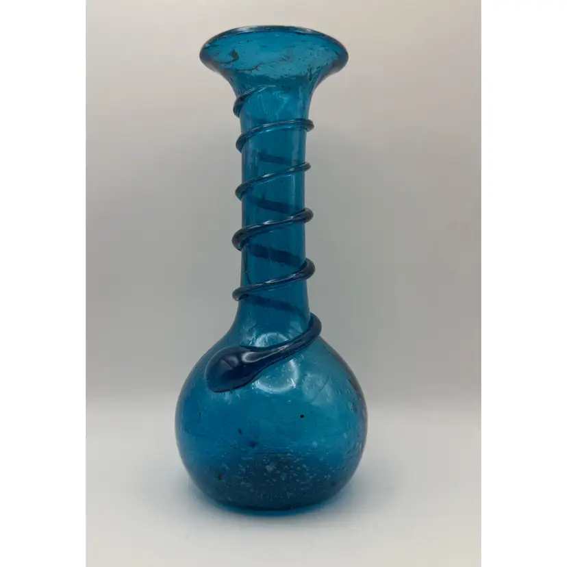 Blue And Bubbles Hand Blown Glass Snake MCM Style Vase