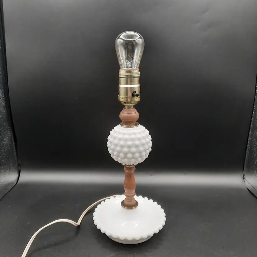 Vintage Milk Glass Hobnail & Wood Table Lamp