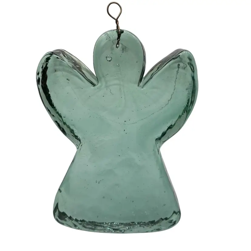 Recycled Green Art Glass Angel, 1" Thick, Sun Catcher, Decor Ornament Heavy