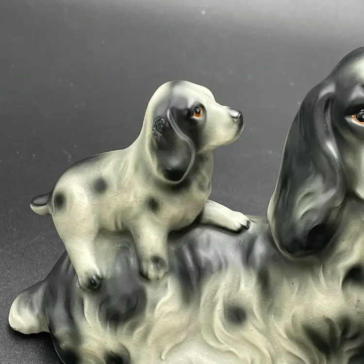 Cocker Spaniel Dog Mother Puppies Ceramic Figurine Black and White Vintage