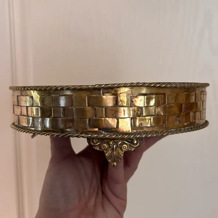 Vintage Brass Etched Woven Footed Tray