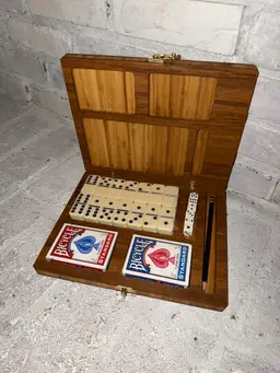 Handcrafted Wooden Game Box – BamX Plywood Travel Game Set Organizer – Playing Cards, Dominoes, Dice & Pencil Storage – Handmade in Indiana