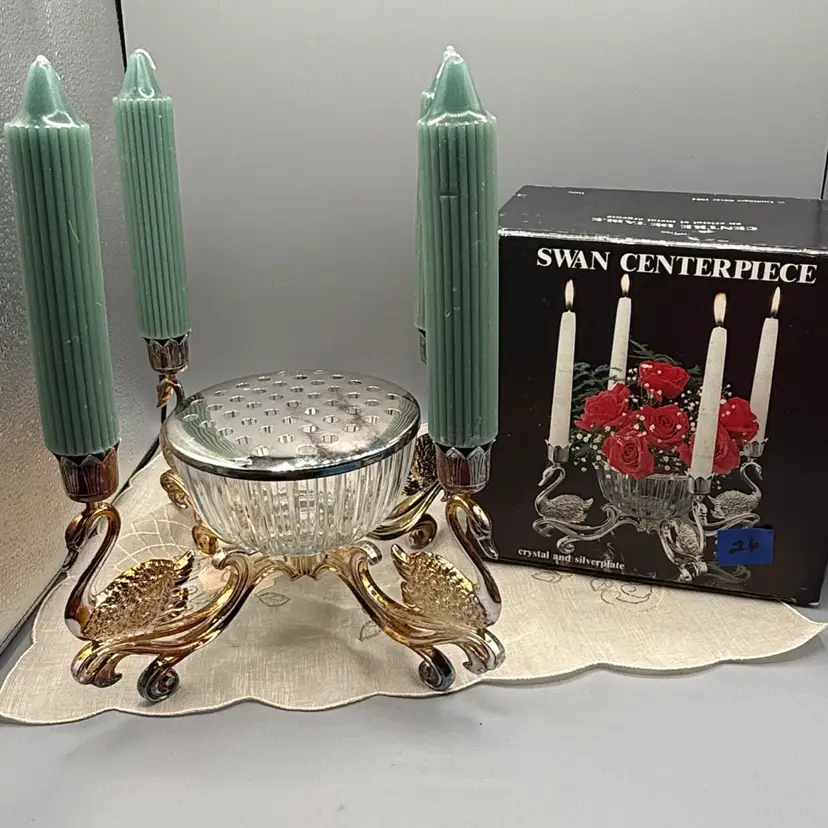 Vintage Godinger Silver Plated 4-Arm Swan Candelabra Centerpiece with Crystal Bowl & Flower Frog