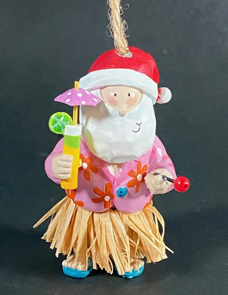 Vintage Hawaiian Hula Skirt Santa Claus Christmas Ornament 3"