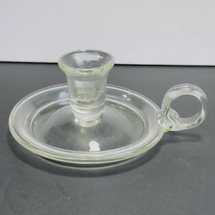 #1344 Wee Willie Wilkie Clear Glass Single Taper Candle Holder Plate Finger Loop