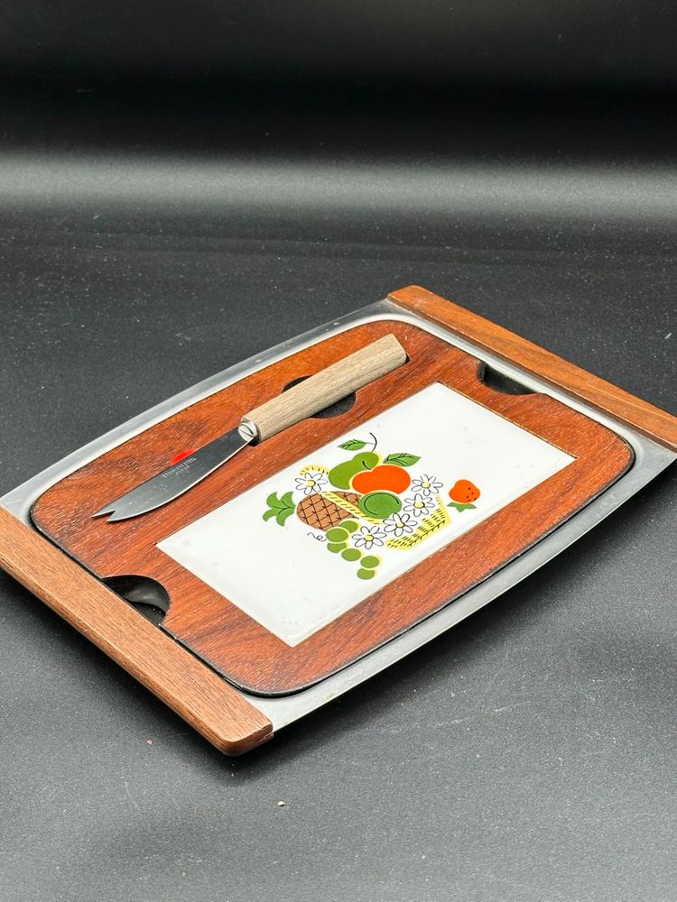 Vintage MCM Japanese Ceramic Tile Wood Cutting Board Serving Tray Knife Holder