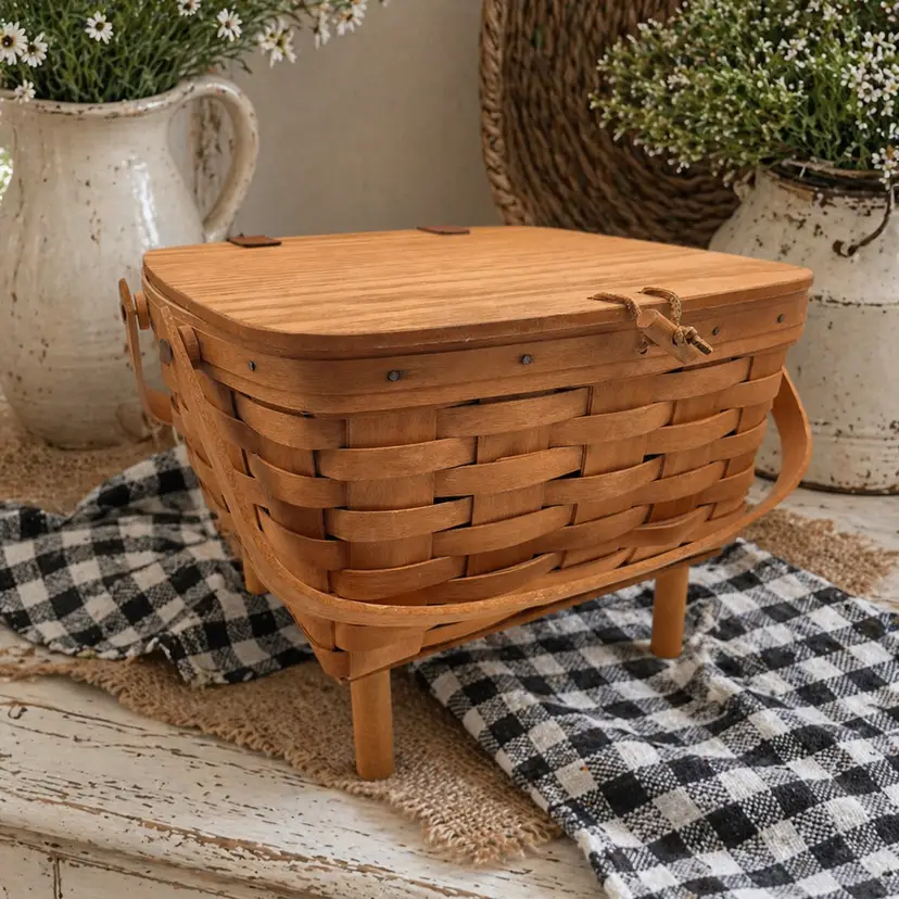 Vintage 1990 Longaberger Cake Basket With Wood Riser And Attached Lid