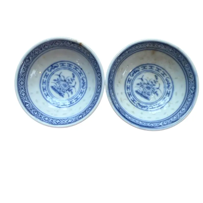 Pair Of vintage Tienshan Rice Flower porcelain soy sauce dip bow