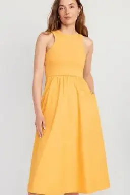 Old Navy Yellow Dress Sz SMALL Casual Comfort Stretch Cottage Prairie Mid Length