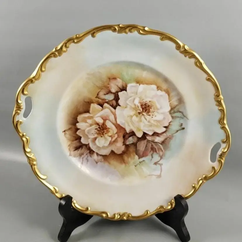 Vintage Hertel Jacob Bavaria Hand Painted Roses Victorian Style Plate SIGNED