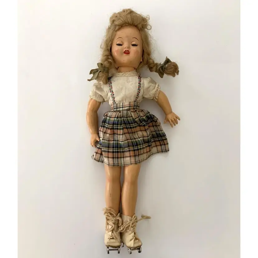 Composition Doll Roller Skates Blue Eyes Plaid Dress Pigtails Vintage 18"