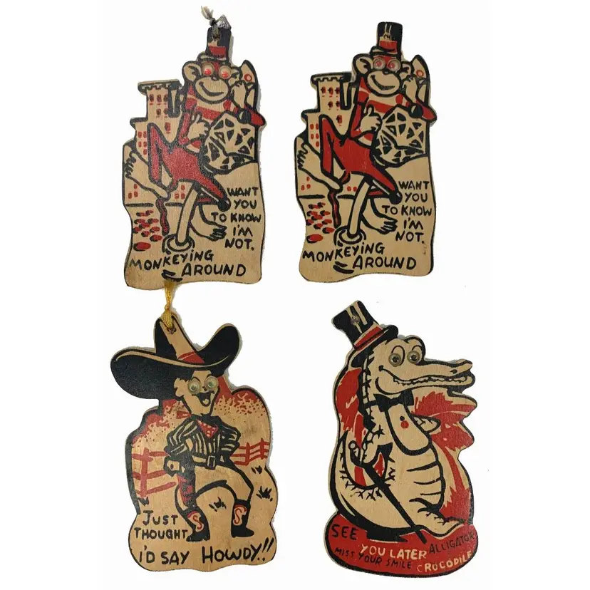 4 Wooden Google Eye Postcards Comic Monkey Cowboy Alligator Vtg Novelty