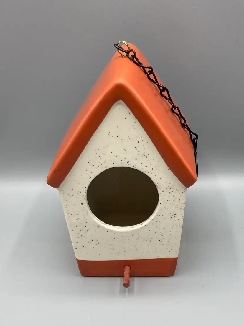 Ceramic Speckled Birdhouse with Orange Roof
