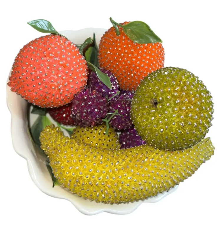 VTG Lot Mid-Century Push Pin Sequined Beaded Faux Fruit Decor In Cornucopia