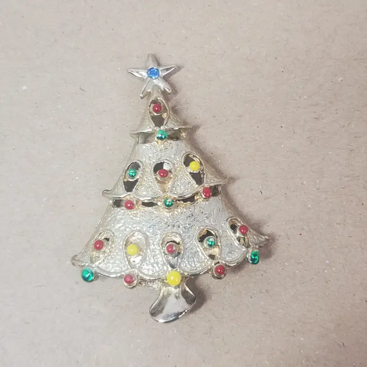 Free Ship...Vintage Christmas Tree Brooch – Gold Tone with Colorful Beads & Star Topper