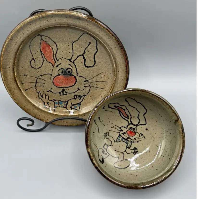 Whimsical Hand-Painted Glazed Artisan Signed Bunny Bowl & Plate Set. (6”x1”)& (4”x2”)