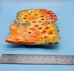 Italy Hand Painted Redware Whimsical Cat Plate Dish Trinket