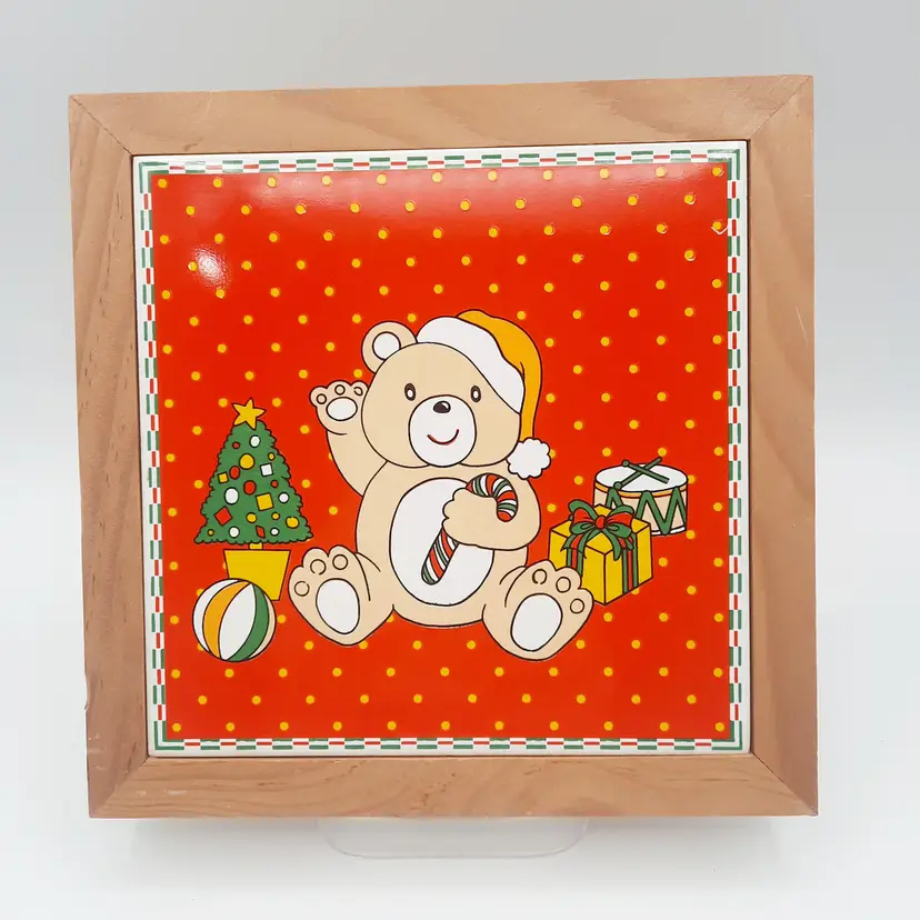 Vintage Christmas Teddy Bear Tile Trivet Wood Framed '80s Red Polka Dot