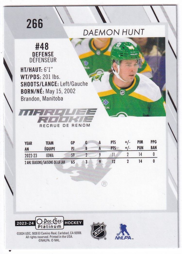 2023-24 O-Pee-Chee Platinum #266 Daemon Hunt RC Minnesota Wild Hockey Card